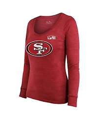 Women's Majestic Threads Christian McCaffrey Scarlet San Francisco 49ers Super Bowl Lviii Scoop Name and Number Tri-Blend Long Sleeve T-shirt