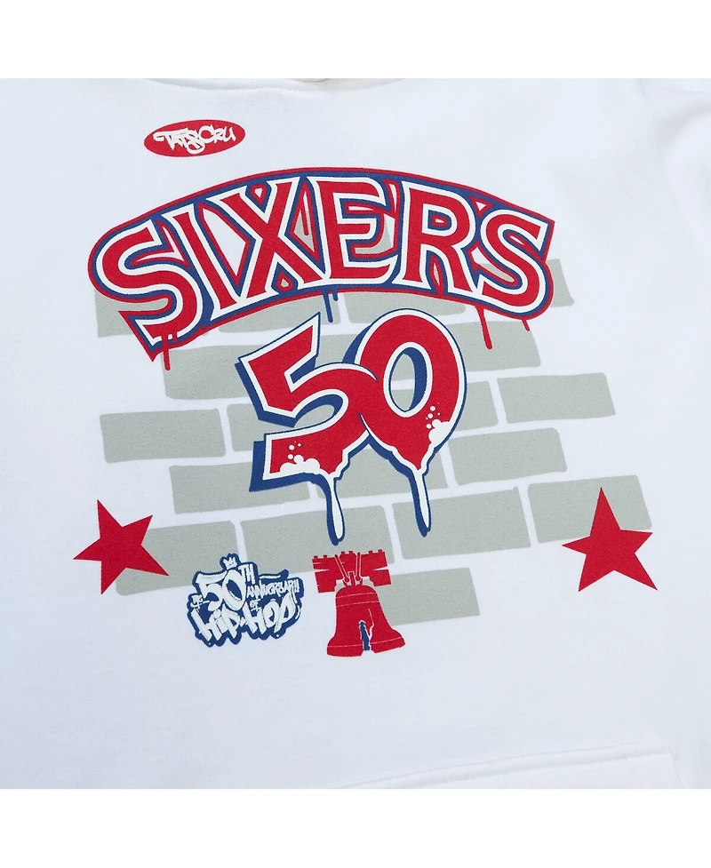 Men's Mitchell & Ness x Tats Cru White Philadelphia 76ers Hardwood Classics Brick Pullover Hoodie