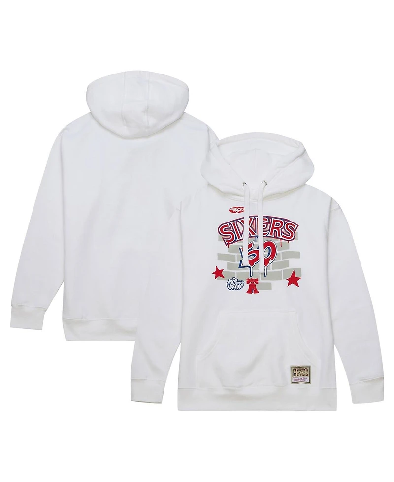 Men's Mitchell & Ness x Tats Cru White Philadelphia 76ers Hardwood Classics Brick Pullover Hoodie