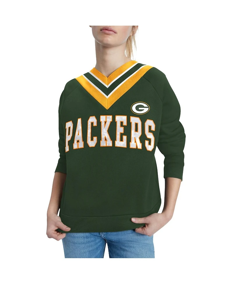 Women's Tommy Hilfiger Green Green Bay Packers Heidi Raglan V-Neck Sweater