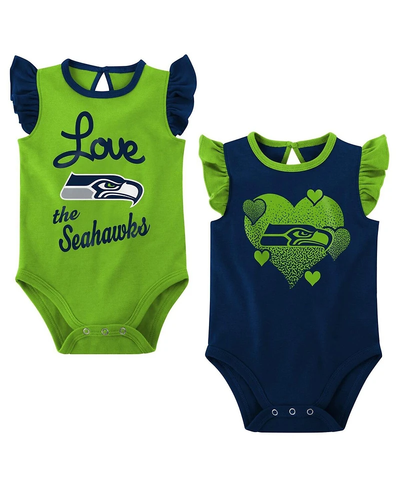 Baby Girls Navy, Neon Green Seattle Seahawks Spread the Love 2-Pack Bodysuit Set
