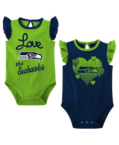 Baby Girls Navy, Neon Green Seattle Seahawks Spread the Love 2-Pack Bodysuit Set