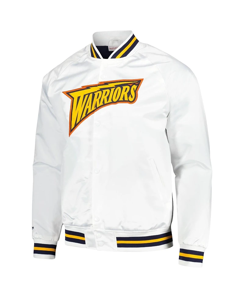Men's Mitchell & Ness White Golden State Warriors Hardwood Classics Throwback Wordmark Raglan Full-Snap Jacket