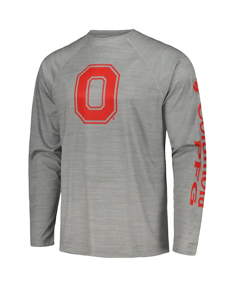 Men's Columbia Gray Ohio State Buckeyes Pfg Terminal Tackle Omni-Shade Raglan Long Sleeve T-shirt