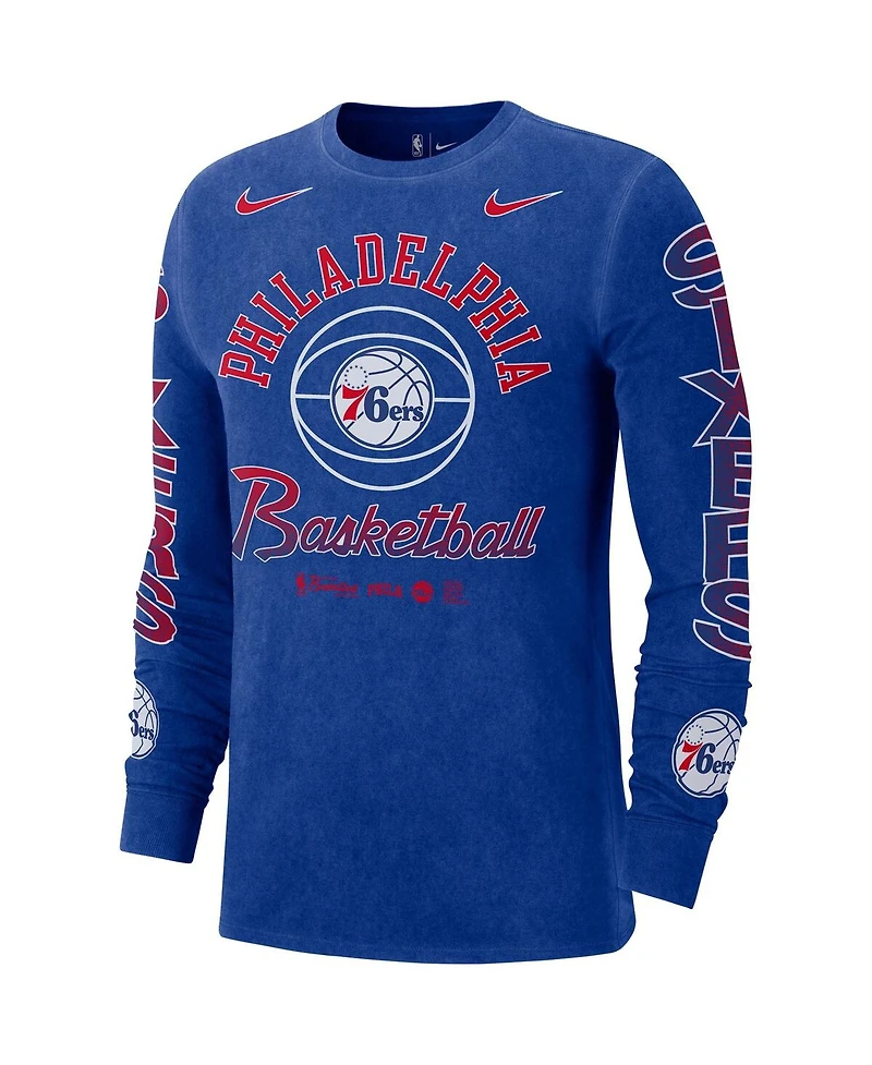 Men's Nike Royal Distressed Philadelphia 76ers Courtside Retro Elevated Long Sleeve T-shirt