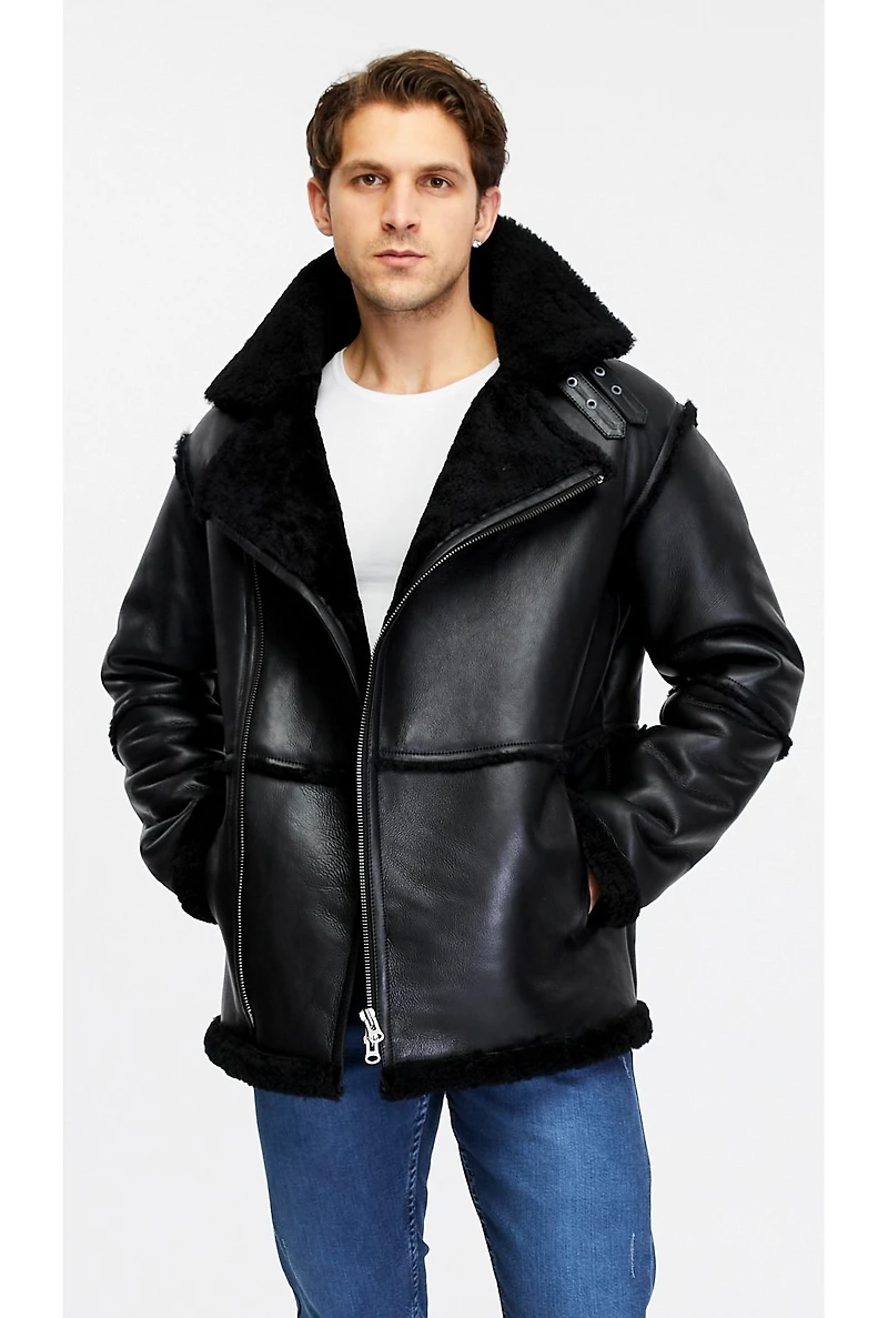 Furniq Uk Men's Fashion Leather Jacket Wool, Black