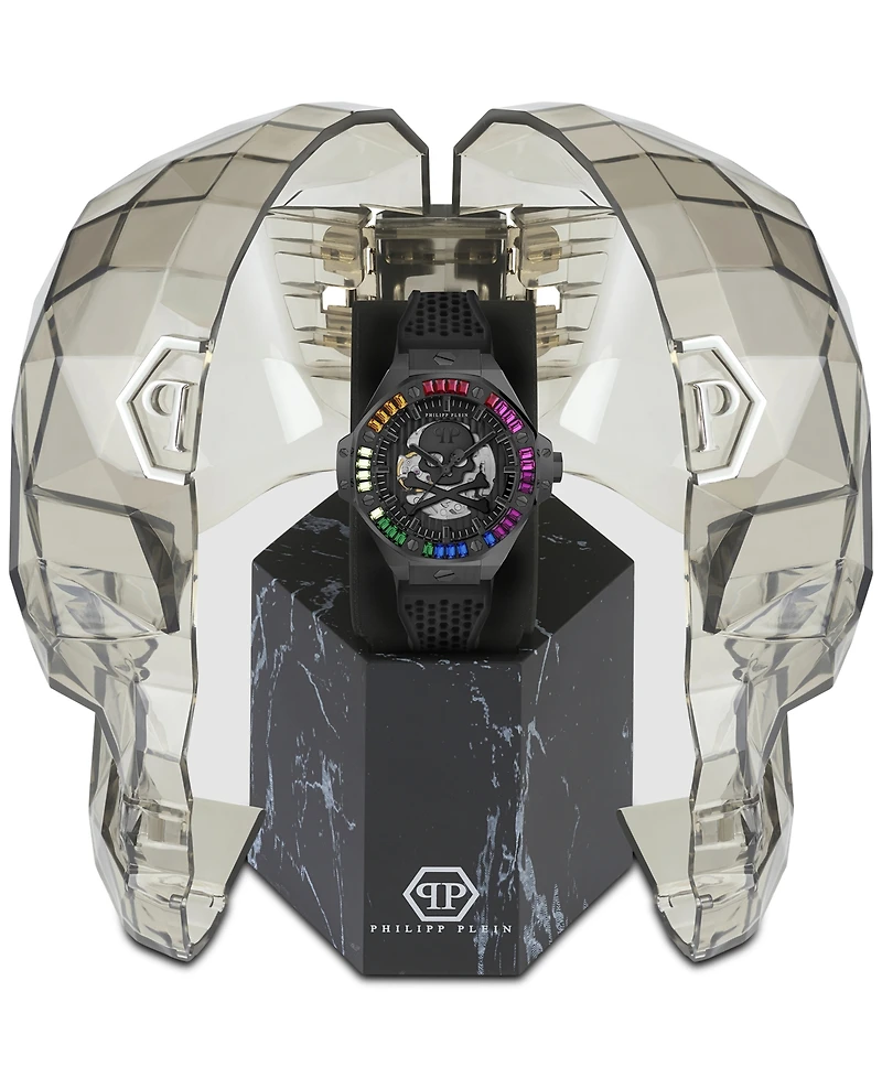Philipp Plein Men's Automatic Skeleton Royal Black Silicone Strap Watch 46mm
