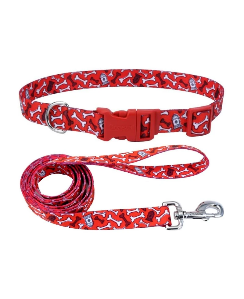 Coastal Pet Styles Dog Leash Set - Patterned Dog Leash (3/8" x 6') & Patterned Dog Collar (3/4" x 8"–12") - Red Bones