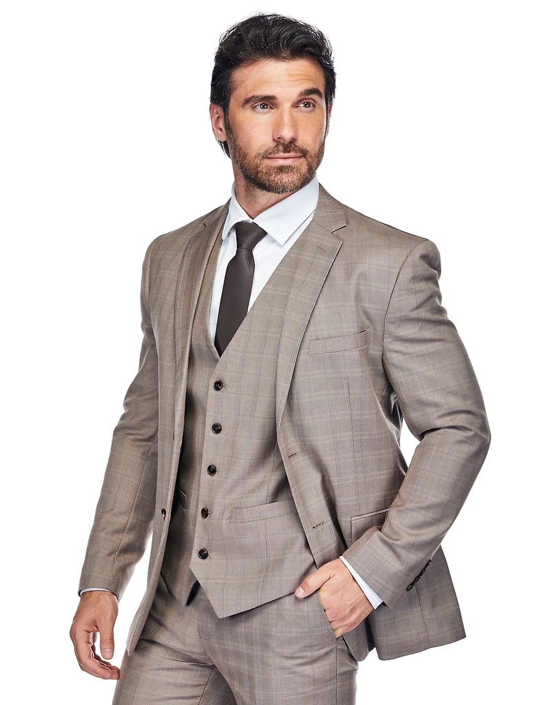Gino Vitale Men's 3 Piece Slim Fit Brown Check Suit