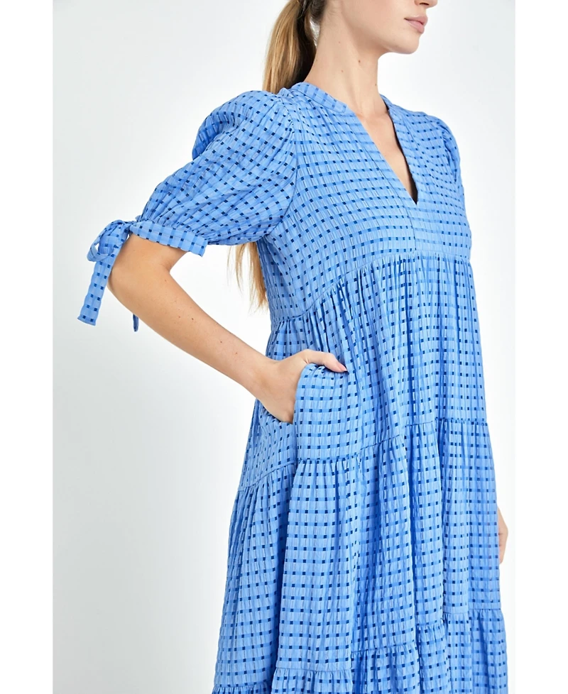 English Factory Women's Gingham Tiered Midi Dress with Bow Tie Sleeves