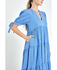 English Factory Women's Gingham Tiered Midi Dress with Bow Tie Sleeves