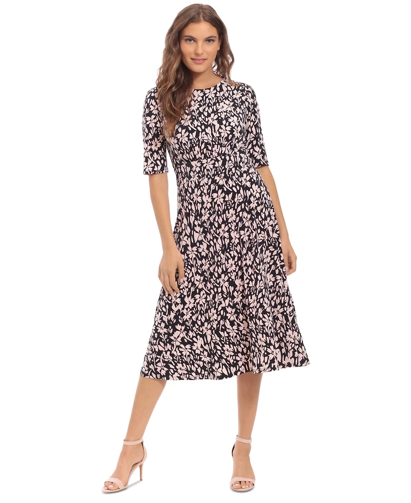 London Times Women's Printed Elbow-Sleeve Midi Dress