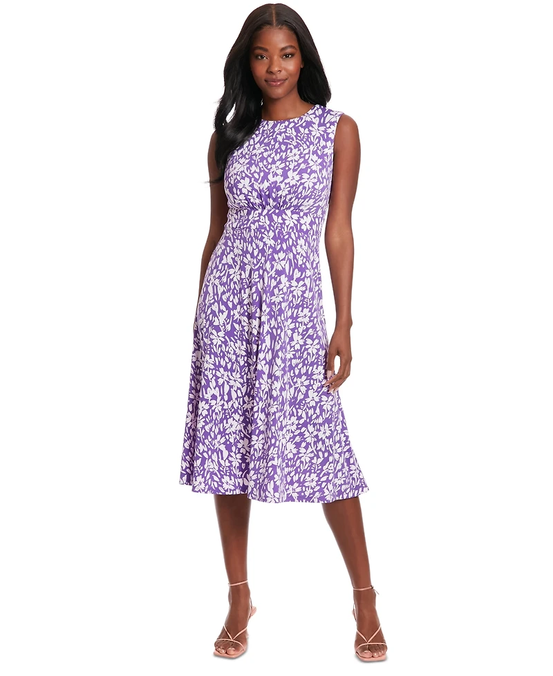London Times Women's Floral-Print Jewel-Neck Midi Dress