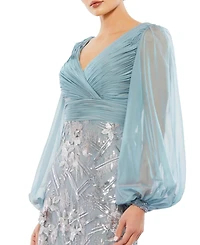 Women's Illusion Puff Sleeve Pleated Bodice Embellished Gown