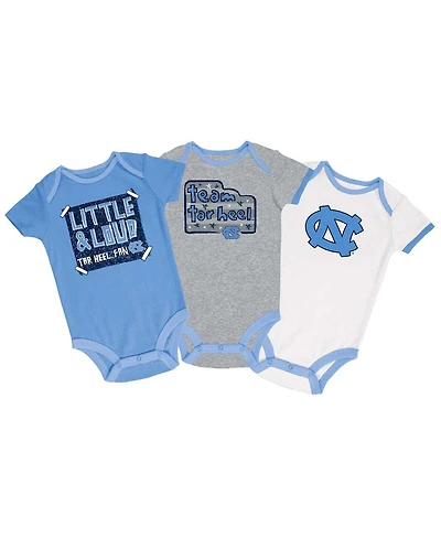 Baby Boys and Girls Champion Carolina Blue, Gray, White North Carolina Tar Heels 3-Pack Bodysuit Set