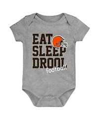 Baby Boys and Girls Brown, Orange, Heather Gray Cleveland Browns Three-Pack Eat, Sleep and Drool Retro Bodysuit Set