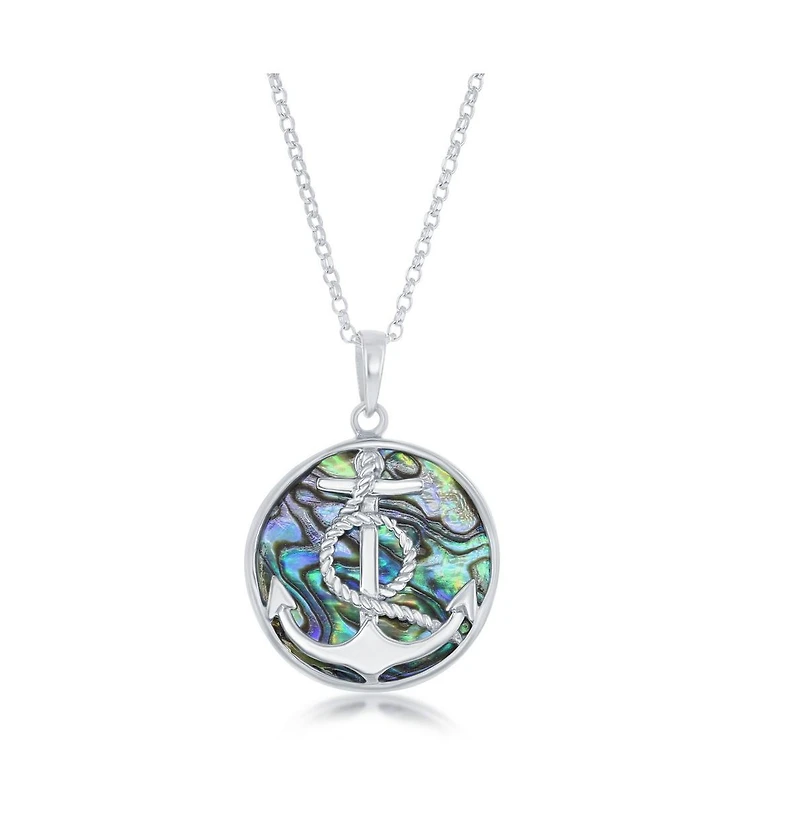 Sterling Silver Anchor with Twisted Rope Round Abalone Pendant Necklace