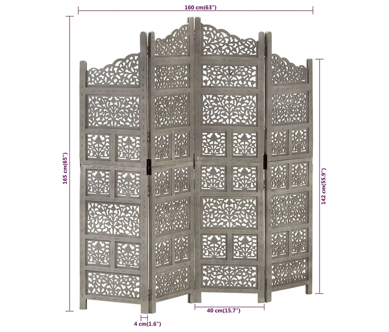 Hand carved 4-Panel Room Divider Gray 63"x65" Solid Mango Wood
