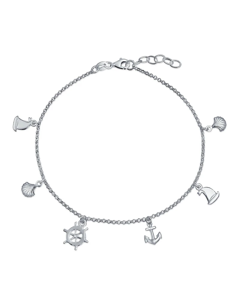 Bling Jewelry Nautical Multi Charm Dangle Anchor Sailboat Ship Wheel Sea Shell Anklet Ankle Bracelet Sterling Silver Adjustable 9 To 10 Inch With Exte