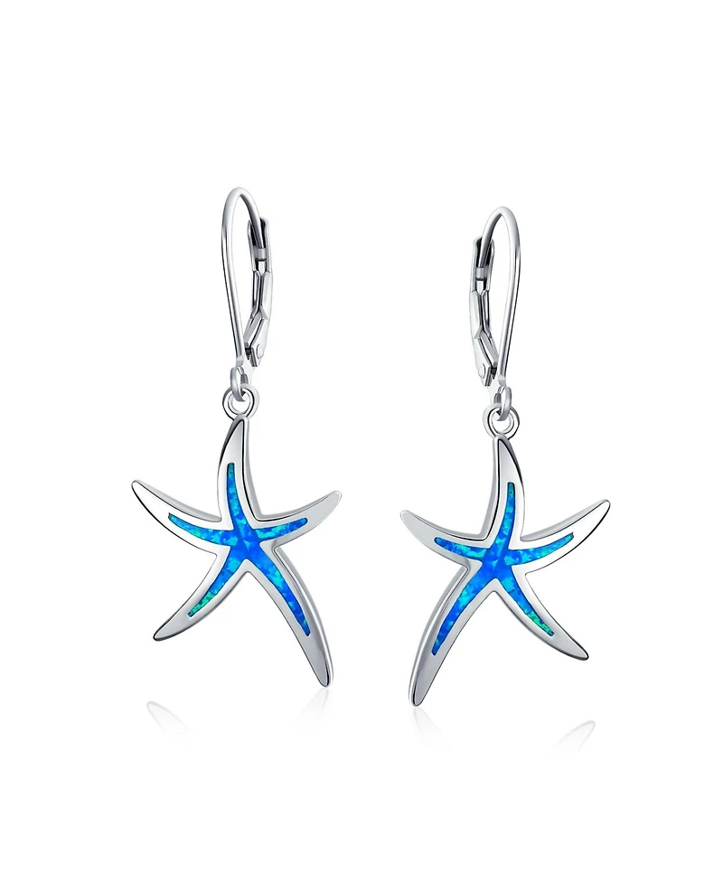Bling Jewelry Nautical Aquatic Tropical Beach Vacation Iridescent Created Opal Inlay Starfish Dangle Drop Lever back Earrings Sterling Silver