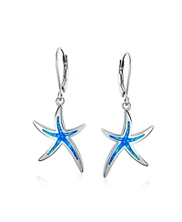 Bling Jewelry Nautical Aquatic Tropical Beach Vacation Iridescent Created Opal Inlay Starfish Dangle Drop Lever back Earrings Sterling Silver