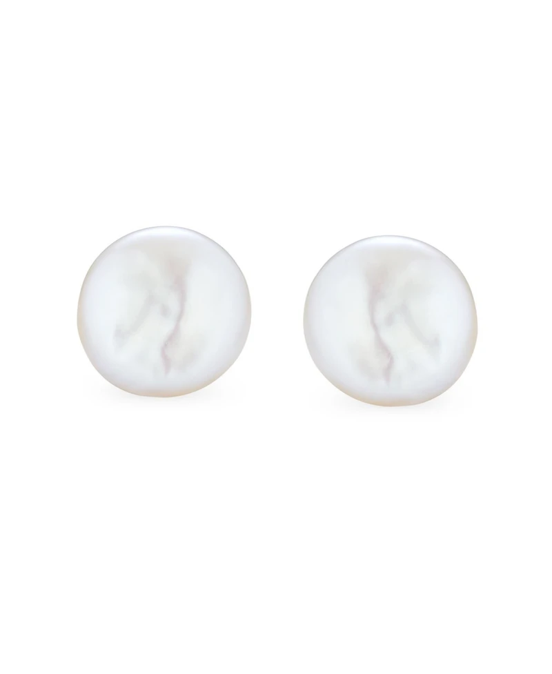 Bling Jewelry Baroque Irregular Round Coin Shaped White Biwa Coin Freshwater Cultured Pearl Stud Earrings Sterling Silver