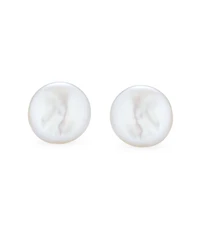 Bling Jewelry Baroque Irregular Round Coin Shaped White Biwa Coin Freshwater Cultured Pearl Stud Earrings Sterling Silver