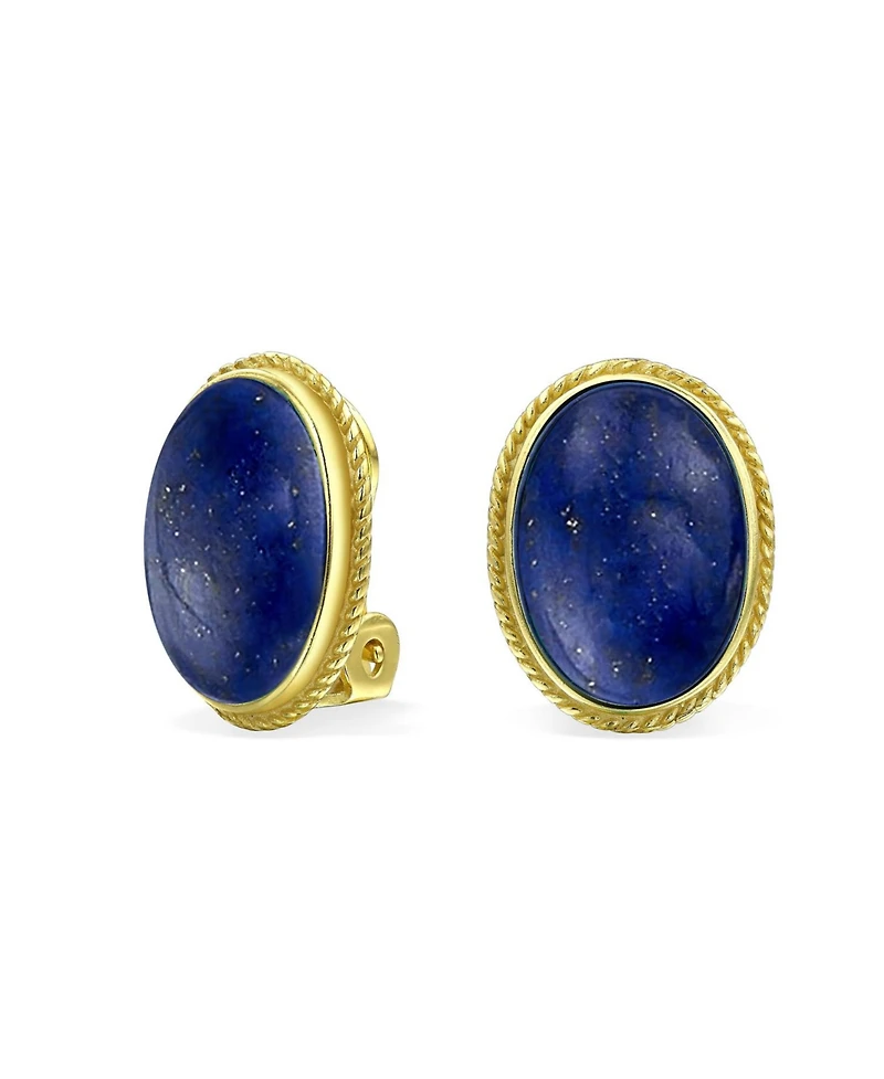Bling Jewelry 7CT Oval Cabochon Natural Jade Lapis Lazuli Onyx Turquoise 14K Gold Plated Sterling Silver Clip-On Earrings