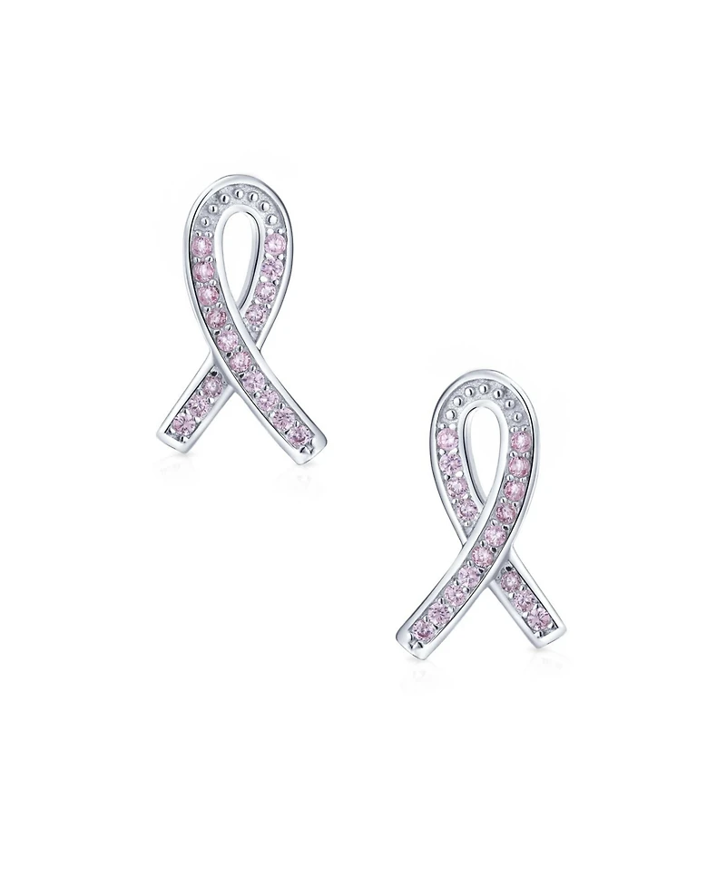 Bling Jewelry Strength and Hope Elegant Fine Pave Cubic Zirconia Cz Pink Ribbon Breast Cancer Survivor Stud Earrings Sterling Silver