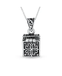 Bling Jewelry Religious Christian Floral Ichthys Jesus Poison Locket Box Locket Memorial Momenta Holder Necklace Pendant OxidizedSterling Silver