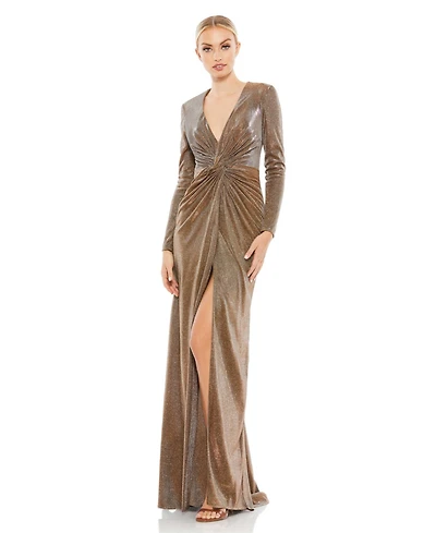 Mac Duggal Women's Ieena Metallic Twist Front Plunging Long Sleeve Gown