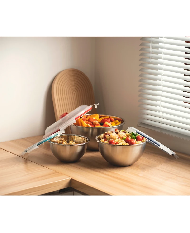 Genicook 6 Pc Nesting Stainless Steel Mixing Bowl Set, W Lock Down Lids and Carry Handle