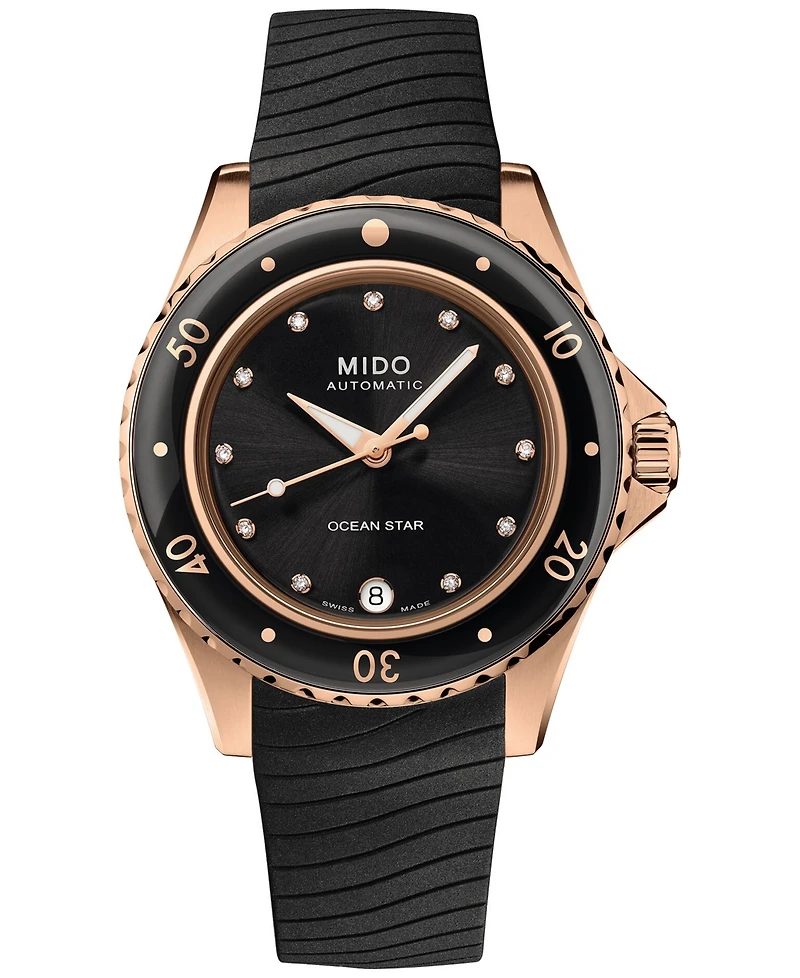 Mido Women's Swiss Automatic Ocean Star Diamond Accent Black Rubber Strap Watch 37mm