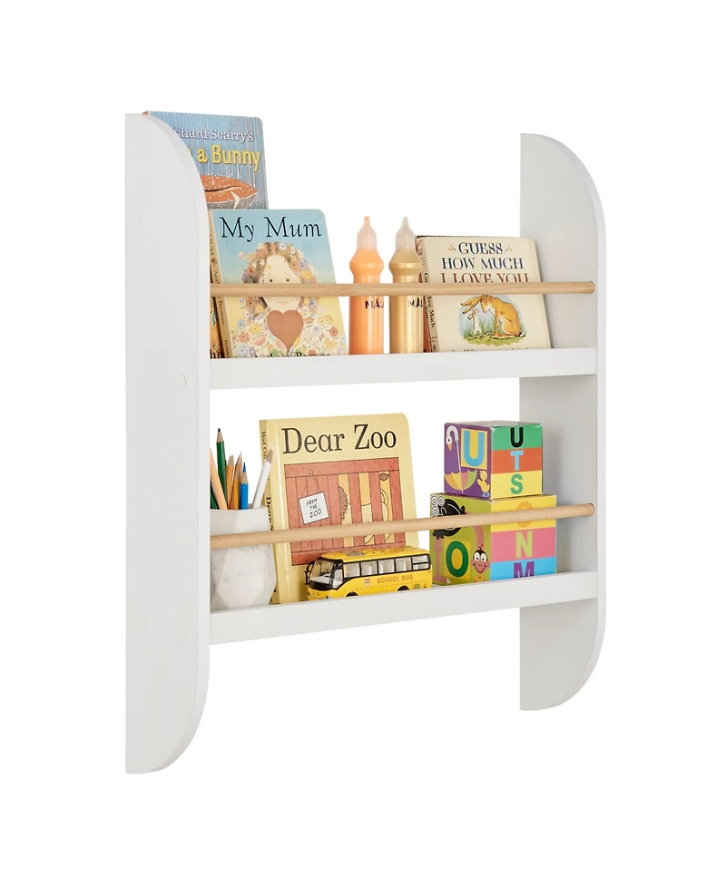 Danya B Steiner Rounded Contemporary 2-Tier Kids Book or Magazine Storage Wall-Mount Bookcase with Contrasting Wood-Toned Rods