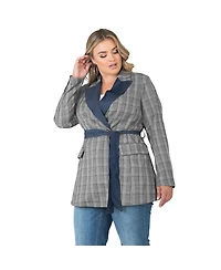 Women's Plus Plaid Wrap Blazer with Tencel Trim
