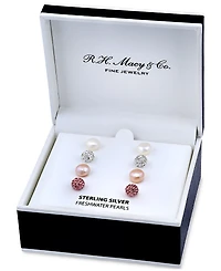 4-Pc. Set White & Dyed Pink Cultured Freshwater Pearl & Crystal Fireball Stud Earrings in Sterling Silver