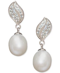 Cultured Freshwater Pearl (7x9mm) and Cubic Zirconia Pendant Necklace and Matching Drop Earrings Set in Sterling Silver