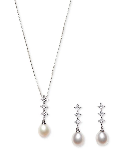 Cultured Freshwater Pearl (7x9mm) and Cubic Zirconia Pendant Necklace & Earring Set in Sterling Silver