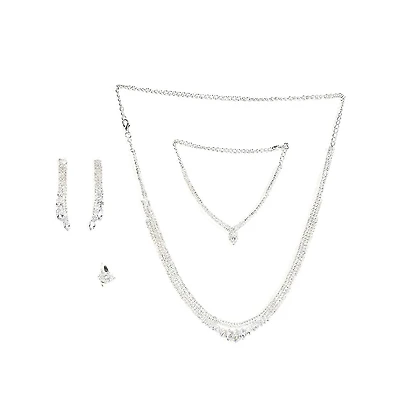 Sohi Women's Silver Bling Stone Necklace, Earrings, Bracelet And Ring (Set Of 4)