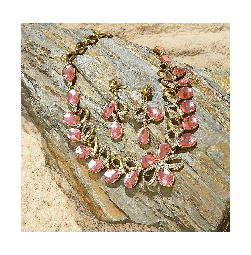Sohi Women's Pink Stone Teardrop Necklace And Earrings (Set Of 2)