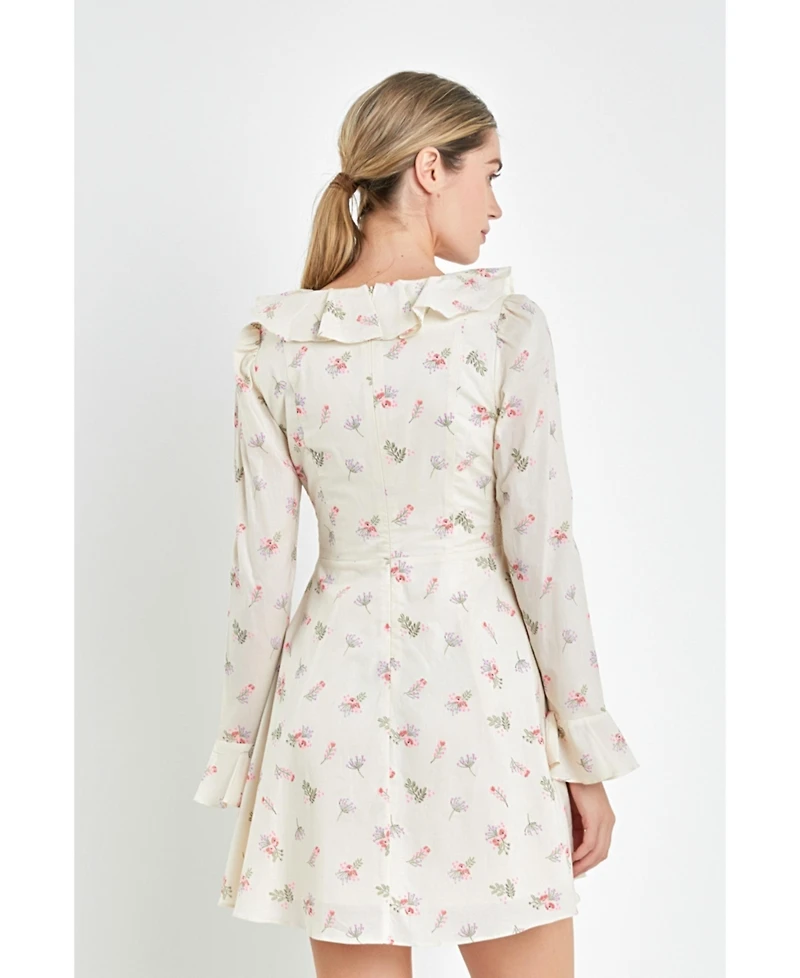 Women's Floral Ruffled Neck Mini Dress