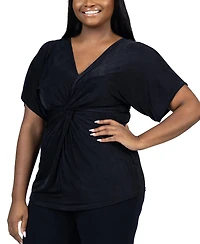 24seven Comfort Apparel Plus V Neck Knot Front Kimono Sleeve Top