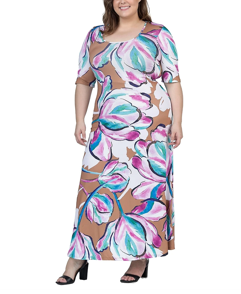 24seven Comfort Apparel Plus Elbow Sleeve Casual A Line Maxi Dress