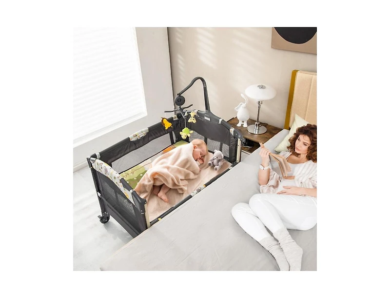 3-in-1 Convertible Portable Baby Playard with Music Box and Wheel Brakes