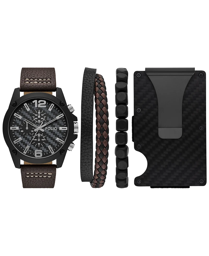 Folio Men's Three Hand Brown Polyurethane Watch 48mm Gift Set