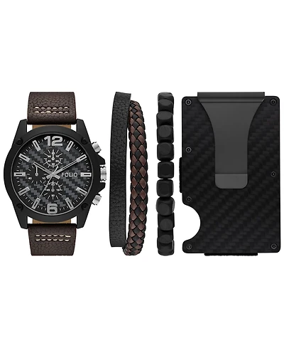 Folio Men's Three Hand Brown Polyurethane Watch 48mm Gift Set