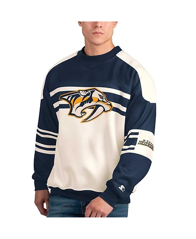 Men's Starter White Nashville Predators Defense Fleece Crewneck Pullover Sweatshirt
