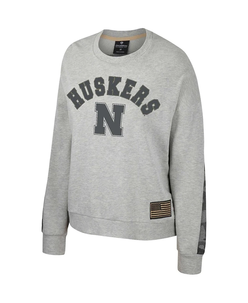 Women's Colosseum Heather Gray Nebraska Huskers Oht Military-Inspired Appreciation Flag Rank Dolman Pullover Sweatshirt