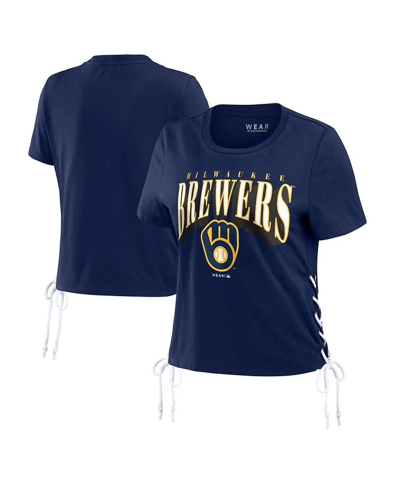 Women's Wear by Erin Andrews Navy Milwaukee Brewers Side Lace-Up Cropped T-shirt