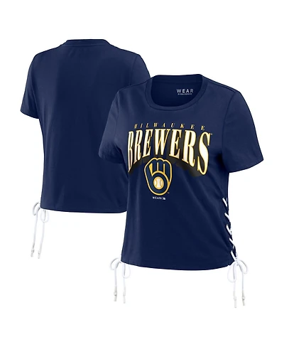 Women's Wear by Erin Andrews Navy Milwaukee Brewers Side Lace-Up Cropped T-shirt
